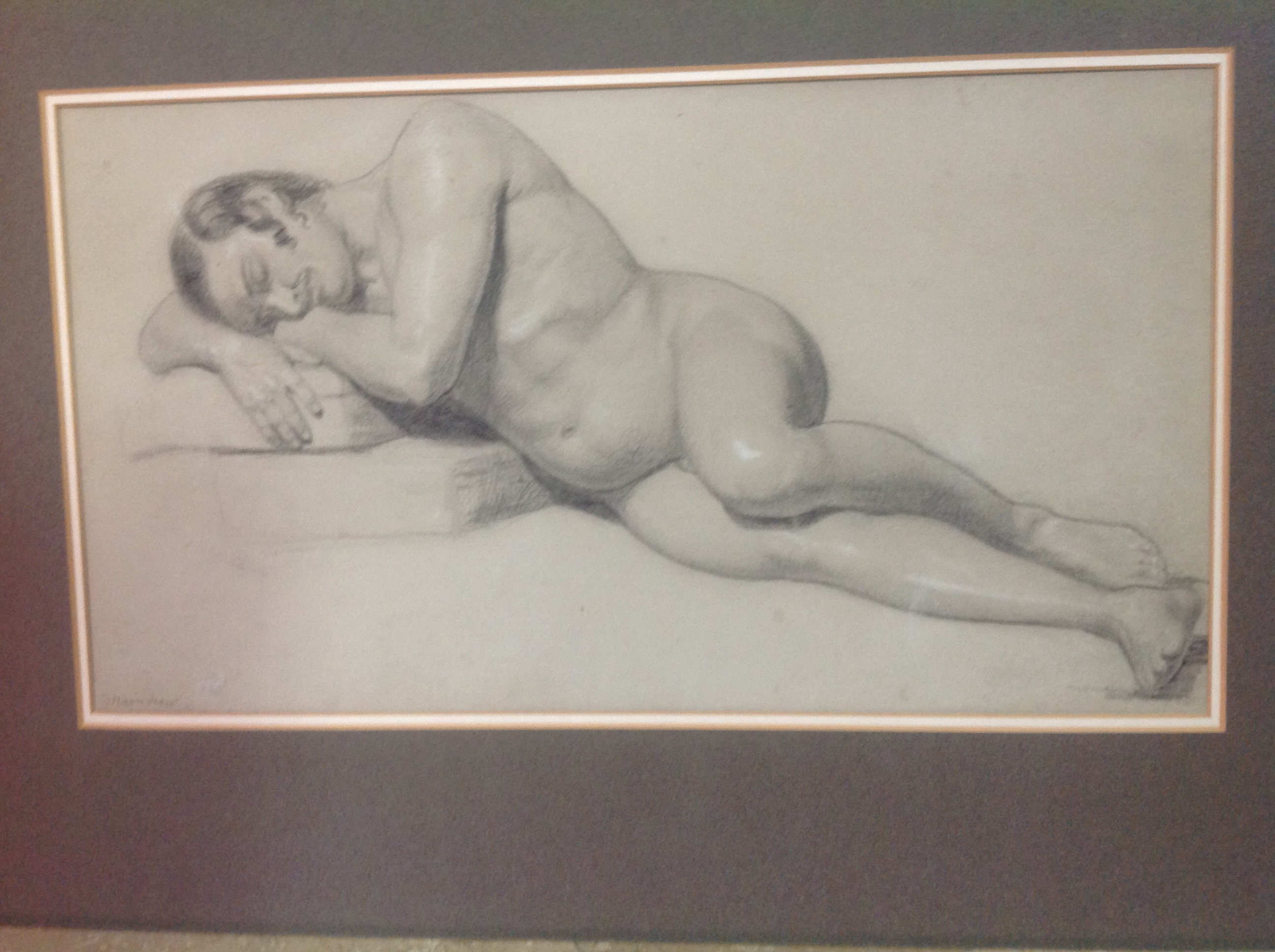 19th century charcoal and chalk academy sketch on paper, recumbent male nude, 20" x 12" possibly by Etienne Hippolyte Maindron, a sculptor of the human form, studied at the Ecole des Beaux Arts in the 1820s- Legion of Honour awarded in 1874. Most of his works can be seen in the Museum of Fine Arts in Angers, France 